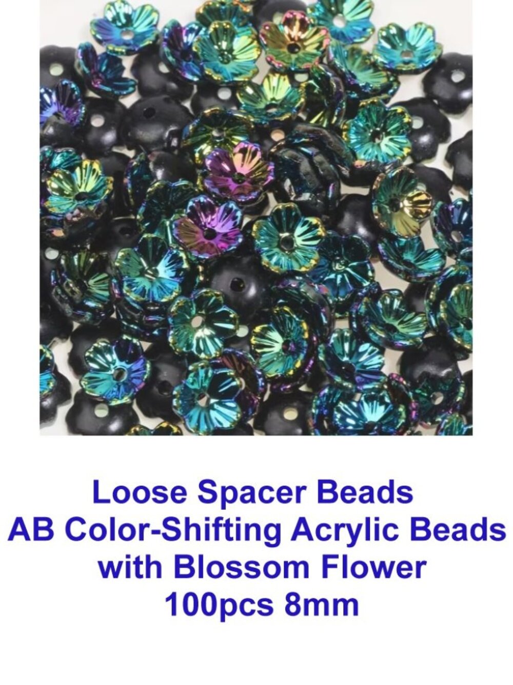 AB Color-Shifting Acrylic Beads with Blossom Flower  100pcs 8mm